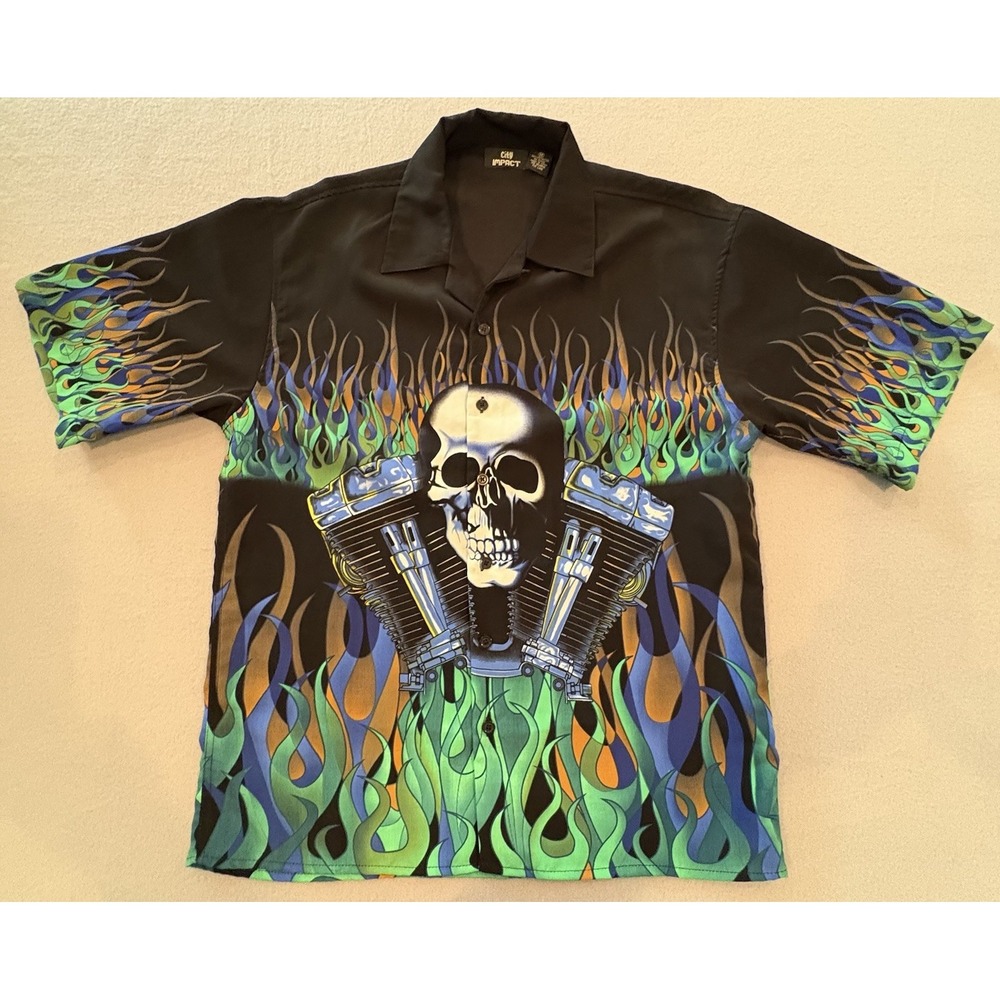 City Impact Medium Black Skull Flames Graphic Short Sleeve Button Up Polyester‎